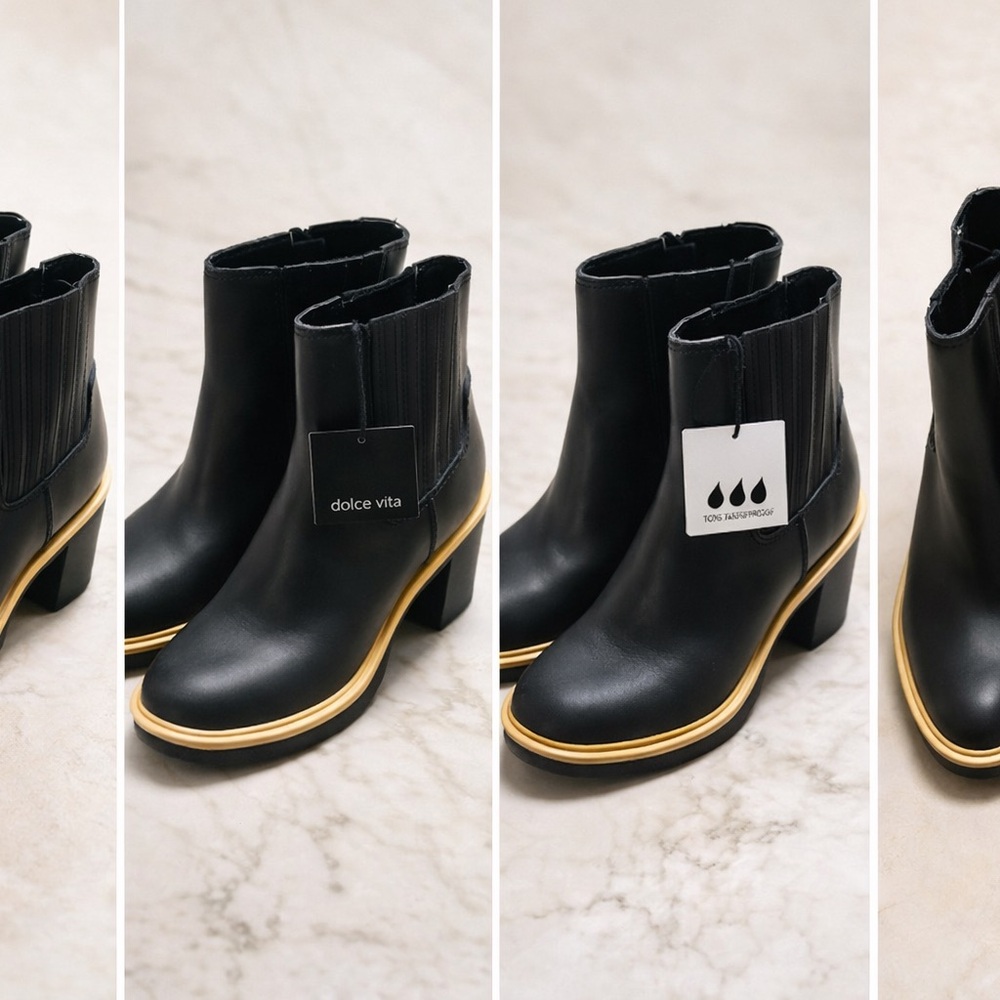 Dolce Vita Black Leather Block Heel Chelsea Boots with Gold Trim Accent